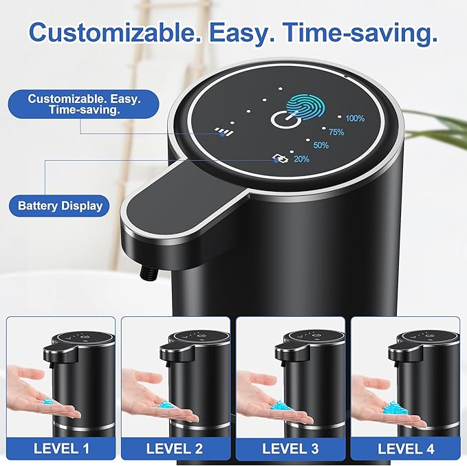 Automatic Soap Dispenser, 4 Soap Volume Levels Adjustable, 0.25S Soap Deliver, 380ML Capacity/ 1200mAh Touchless Sensor Pump, Wall Mount/Placed Flat for Kitchen, Bathroom