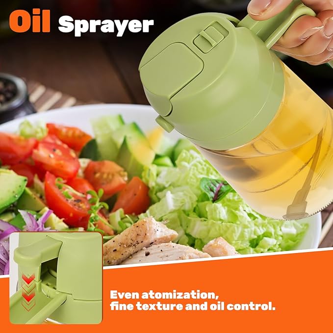 CJT 2 Pack Oil Dispenser Bottle for Kitchen, 2 in 1 Olive Oil Sprayer,16.5OZ/470ML Glass Oil Spray Bottle with Premium Nozzle for Cooking,Barbecue, Air Fryer, Salad(GREEN/WHITE)