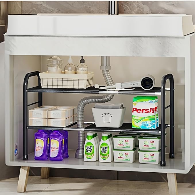 Expandable Under Sink Organizer with 10 Removable Panels, Adjustable Storage 2-Tier Shelf for Kitchen, Bathroom, Pantry,Multi-Purpose Expandable Cabinet Shelf Rack (19-35.5 Inch) (brown, Large)