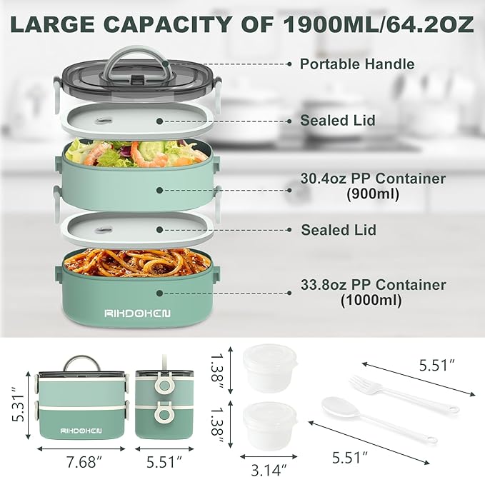 RIKDOKEN Lunch Box, Stackable 2 Layers Containers, Portable 64OZ Large Capacity Leakproof Bento Box with Spoon & Fork & Sauce Boxes, Microwave Safe Lunch Box for Kids and Adults