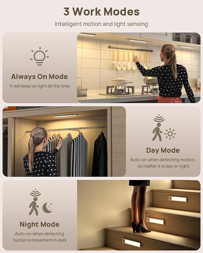 9" Under Cabinet Lights Wireless, Motion Sensor Light Indoor with Remote, LED Rechargeable Closet Light, 3 Color Temps, Dimmable, Magnetic, Under Counter Lights for Kitchen, Stairs, Pantry, Hallway
