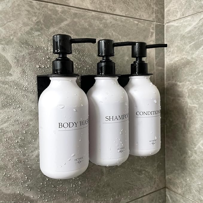 Shampoo Dispenser for Shower Wall, Shampoo and Conditioner Dispenser with 16 Waterproof Labels, No Drill Shower Soap Dispenser Bathroom, Shower Soap Dispenser Wall Mounted,17oz, 3 Pack, Black White