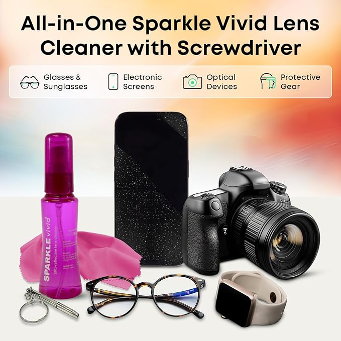 Sparkle Vivid Anti-Reflective Safe Lens Cleaner & Repair Kit – (2) 2oz Glasses Cleaner Spray, (2) Microfiber Cloth & Keychain Screwdriver for Eyeglasses, Sunglasses, Lenses & Screens (5 Piece Set)