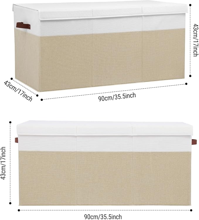 Gowee Extra Large Toy Storage Box with Lid, Sturdy Toys Storage Chest Bin Organizer Basket with Dividers for Kids, Boys, Girls, Nursery, Closet, Bedroom, Playroom 35.5"x17" x17" (Beige and White)