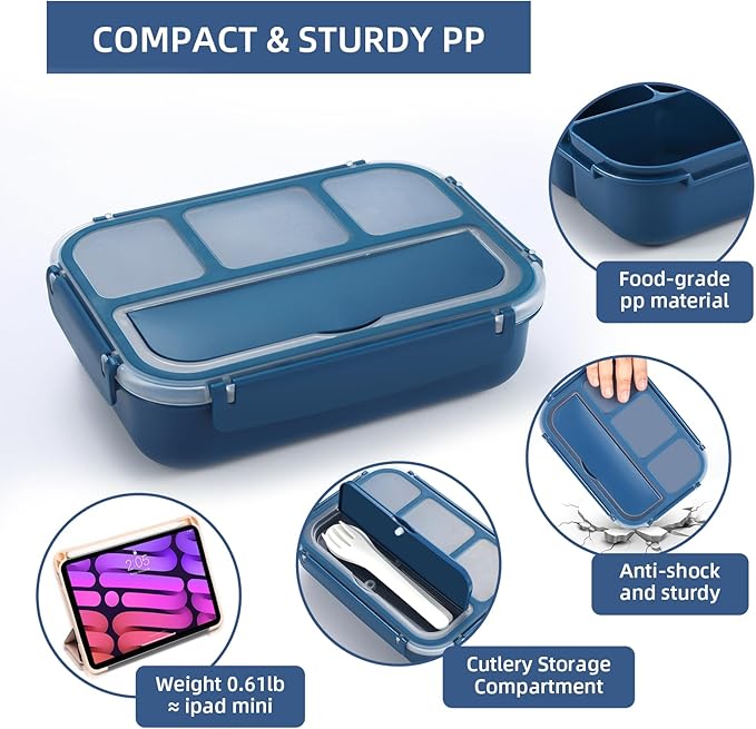 QQKO Bento Box Adult Lunch Box, Lunch Containers for Adults Men Women, Kids Lunch Boxes for School with 4 Compartments, Sauce Container