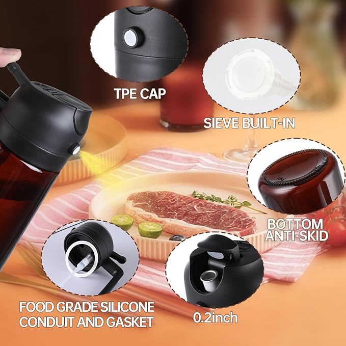 2 in 1 Olive Oil Sprayer for Cooking and Oil Dispenser for Kitchen, 16oz Olive Oil Dispenser Bottle with Stickers, Upgraded Brown white
