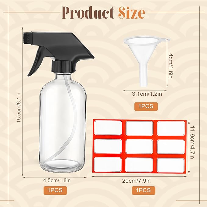 Fumete 2 Pack Glass Bottles 4oz Empty Refillable Liquid Containers with 1 Label 1 Funnel for Essential Oils Hair Travel Plants Cleaning Skin Care(Clear, Black Top,Spray Bottle)