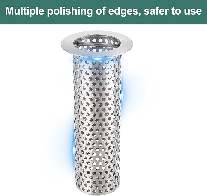 Commercial Floor Drain Strainer, 2 1/2" Lip Diameter x 4" Tall Perforated Cylindrical Mesh 316 Stainless Steel Drain Strainer with Carry Handle for Restaurant/Factory/Kitchen/Laboratory