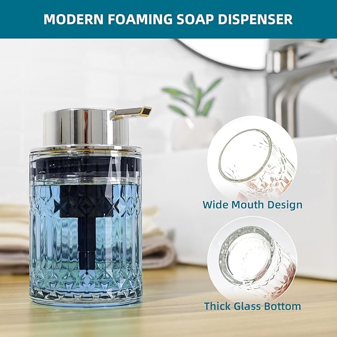 RYTOXILO Foaming Soap Dispenser, 2 Pack Clear Glass Foam Hand Soap Dispenser for Bathroom, Refillable 7.8 Fl Oz Foamy Pump Bottle with Plastic Sliver Pump, Modern Dish Soap Foam Dispenser Container