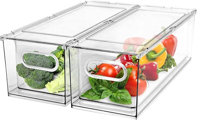 2 Pack Refrigerator Bins - Stackable Organizer Set (Clear)