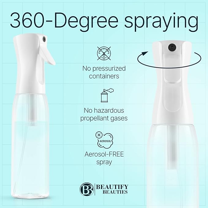 BeautifyBeauties Hair Spray Bottle – Ultra Fine Continuous Water Mister for Hairstyling, Cleaning, Plants, Misting & Skin Care (Black, 10.1 Ounces)
