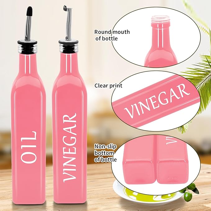 Olive Oil Dispenser Bottle,2 Pcs 17oz 500ml Glass O il and Vinegar Dispenser Set with 2 Stainless Steel Pourers, 8 Labels,Funnel Vinegar Bottles for Kitchen (Pink)