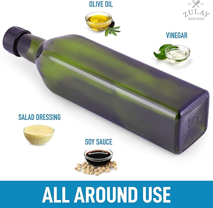 Zulay Kitchen (2 pack 17oz Olive Oil Dispenser Bottle For Kitchen - Glass Olive Oil Bottles With 2 Spouts, 2 Removable Corks, 2 Caps, & 1 Funnel - Oil Bottle For Kitchen & Storing Liquids