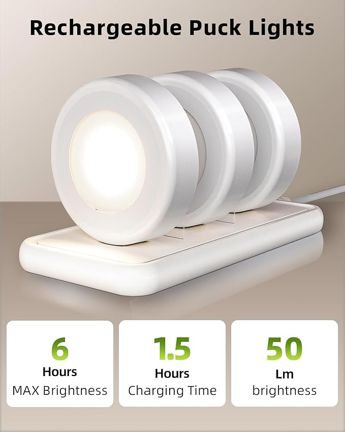 EZVALO LED Puck Lights with Charging Station, Rechargeable Stick On Tap Lights, Wireless Closet Light, 3 Color Temps, Under Cabinet Lights, 2.5'' Mini Touch Light for Kitchen,Pantry,Shelves(6 Pack)