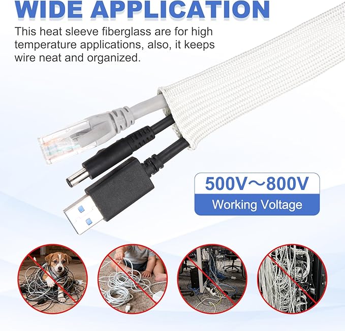 uxcell Insulation Cable Protector,50mm/1.97 Inch-2m/7 Feet High Temp Fiberglass Sleeve White