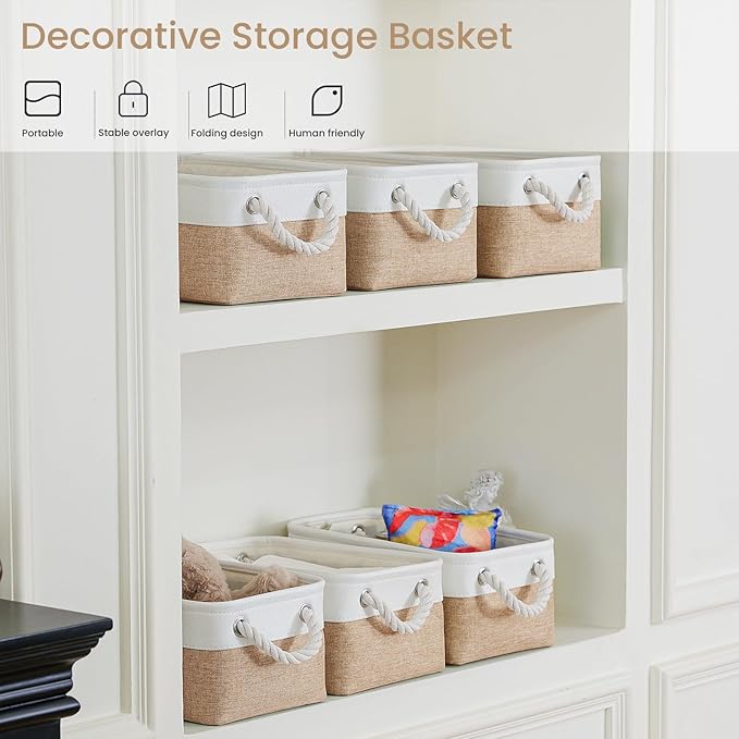Storage Baskets for Shelves 11.8x7.9x5.2 Inch, Foldable Fabric Storage Bins with Handles, Small Storage Baskets for Organizing Closet, Office, Home Organization (3-Pack, White&Khaki)