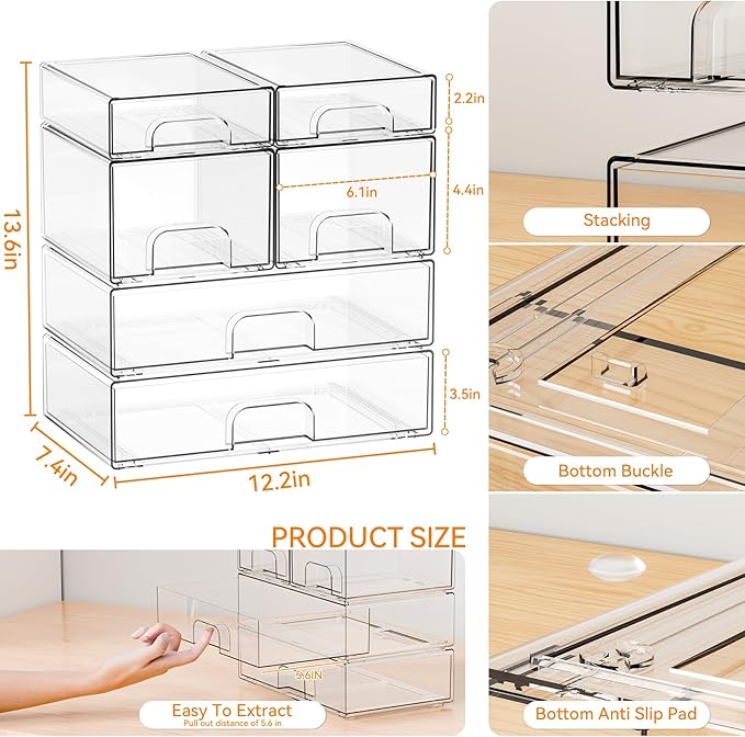 Clear Stackable Storage Drawers, Set of 6, Acrylic Drawers