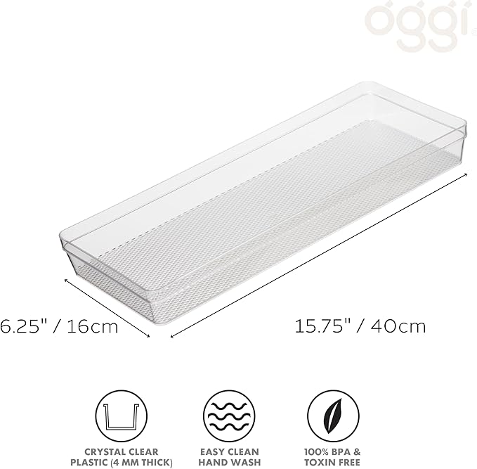 Oggi Clear Drawer Organizer - 6.25" X 15.75" - Ideal for Organizing Kitchen Drawers, Office, Desk, Silverware, Kitchen Utensils, Cosmetics and Bathrooms