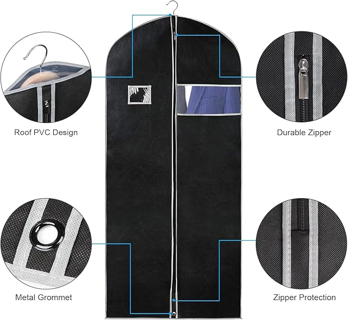 60'' Dress Bags for Gowns, Set of 4 Garment Bag for Hanging Clothes, Black&Grey