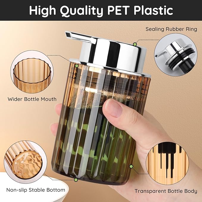 Segbeauty 10oz Plastic Amber Foam Soap Dispenser for Kitchen Sink, 300ml Bathroom Foaming Countertop Soap Dispensers, Foam Pump Bottle Empty, Shaving Face Wash Liquid Pump Foamer Bottles Dispenser