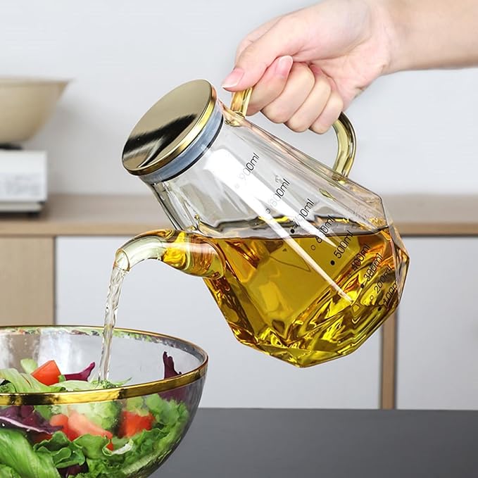 Glass Oil Dispenser Bottle - Glass Olive Oil Bottle for Kitchen, Wide Mouth Borosilicate Glass Cooking Oil Bottles with Lid and Handle (900ML)