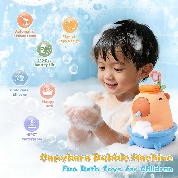 QANYI Capybara Silicone Touchless Soap Dispenser - Automatic Bubble Foam Machine for Kids, IPX7 Waterproof & Rechargeable, Fun Bath Toy to Encourage Child Hygiene from Hand Washing to Bath Time(Blue)