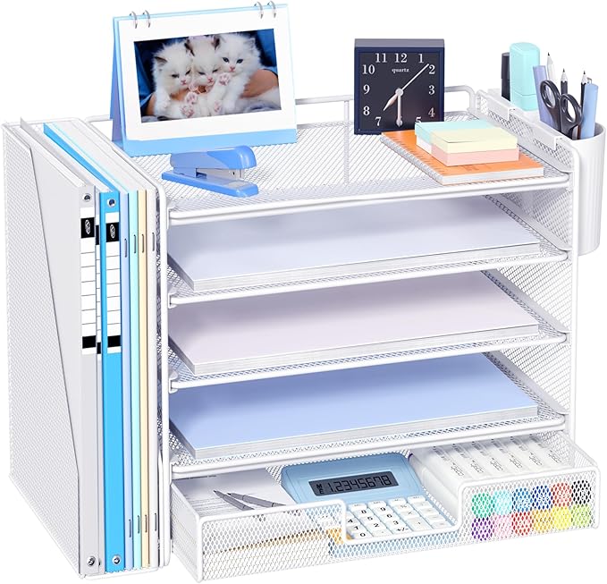 Desk Organizer, 5-Tier Paper File Organizer with Drawer & Pen Holder, White