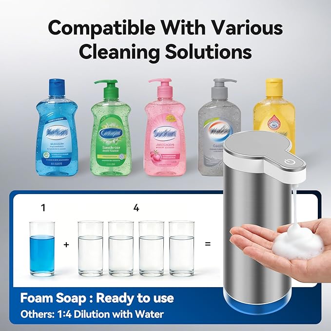 Automatic Foaming Soap Dispenser, 11.8 oz Stainless Steel Touchless Soap Dispenser with Digital Display for Bathroom & Kitchen,4-Level Adjustable Dispensing, IPX5 Waterproof