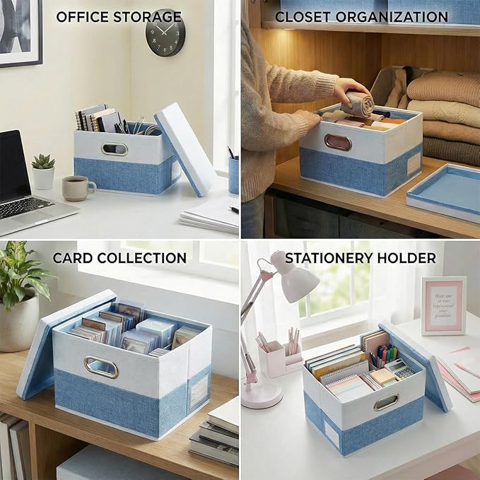 PRANDOM Storage Bins [3-Pack] Linen Foldable Boxes - Blue & White