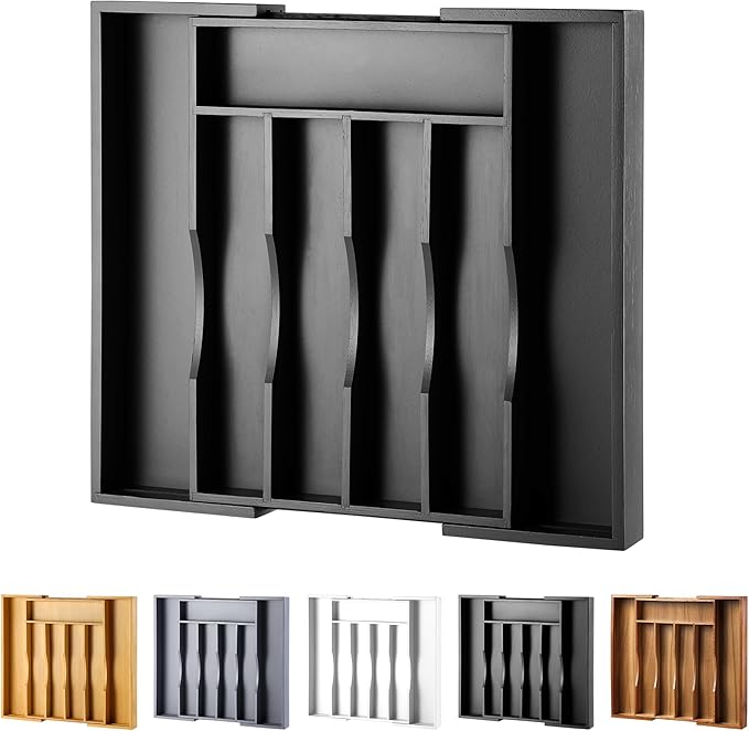 Expandable Bamboo Kitchen Drawer Organizer for Cutlery and Utensils, Black