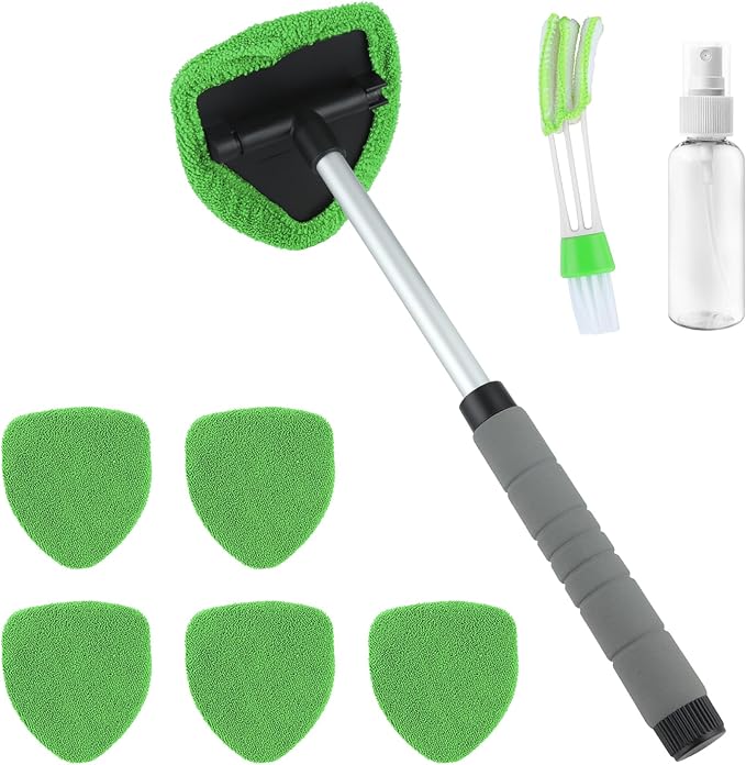 8 Pcs Car Window Cleaner Kit Triangle Shape Include Windshield Cleaning Tool with Extendable Handle 5 Microfiber Bonnets 1 Car Ventilation Brush 1 Empty 50ml Spray Bottle Glass Wiper Kits, Green
