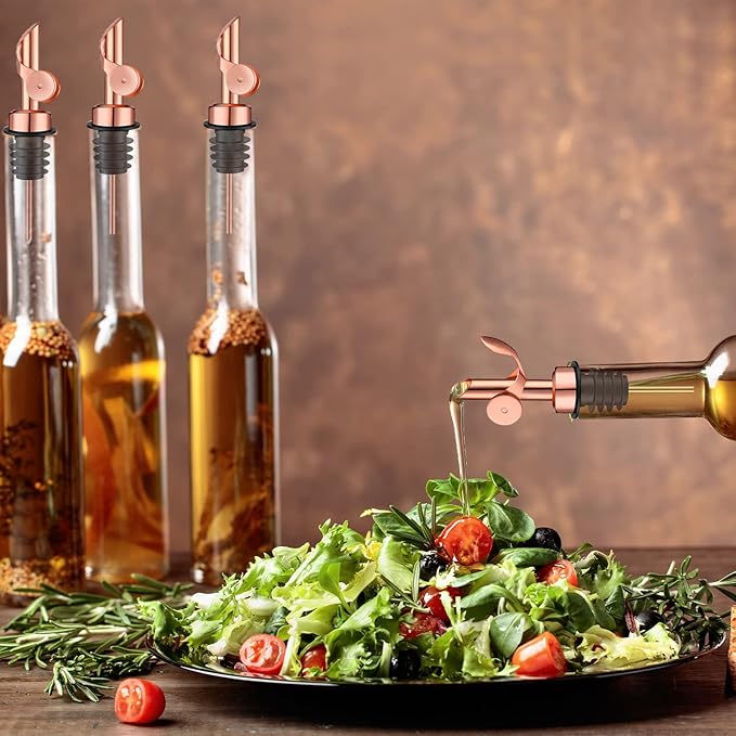 Kinlop 6 Pcs Weighted Stainless Steel Liquor Bottle Pourers Auto Flip Olive Oil Dispenser Spout Balsamic Alcohol Pourer Spouts (Rose Gold)
