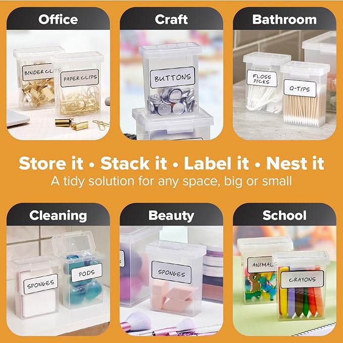 Bostitch Konnect Storage Containers with Lids, Office Organizer, Clear Plastic Box, Stackable for Crayons, Q-tips, Office Supplies, Labels, 0.5 Qt