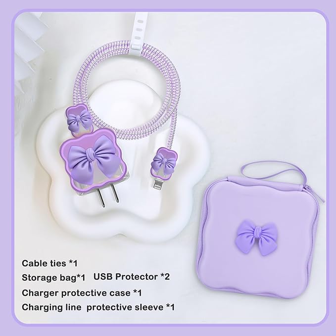 CameCosy DIY Phone Charger Storage Case Cover Sets for iPhone with Cable Protector Earphone Wire Saver, Portable Travel Storage Bag, Cute Cable Charger Protector Cord Organizer (Purple Bow Tie)