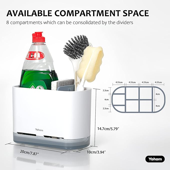 YOHOM Kitchen Scrub Brush Holder for Sink Sponge Caddy Countertop Organizer Plastic Dish Brush Sponge Holder with Drain Tray
