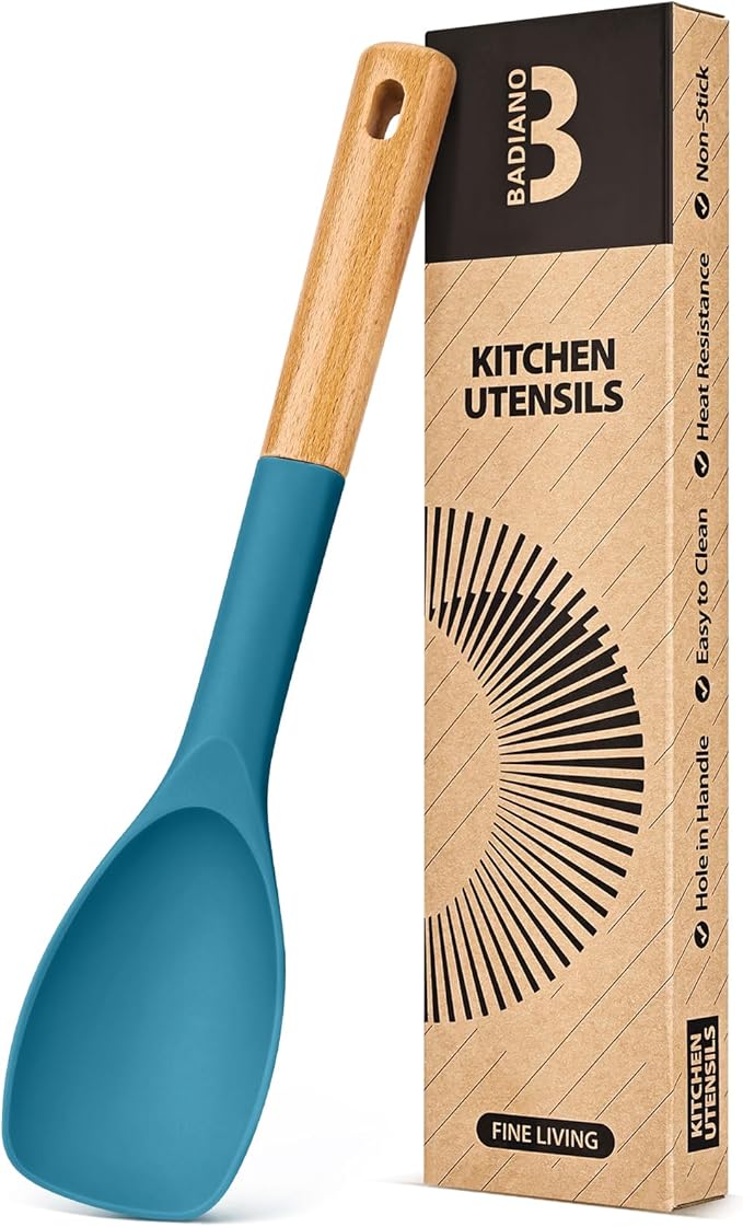 Silicone Spoonula Spatula, Great For Stirring, Scraping And Folding, Sturdy Bpa-Free Matte Silicone, Wooden Handle Rubber Spoon For Nonstick Cookwares (TURQ)