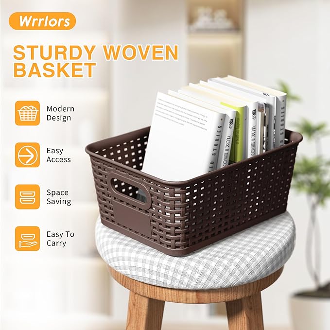 Brown Plastic Storage Baskets - Pack of 8 with Labels Stackable Durable Storage Bins, Storage Containers for Organizing Desktops, Closets, Playrooms