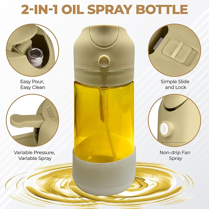 MBO 2-in-1 Olive Oil Spray Bottle for Cooking – 16oz / 470ml Glass Dispenser with Silicone-Encased Base, Mist & Pour Spout – Refillable Kitchen Gadget for Air Fryer, Salad, BBQ