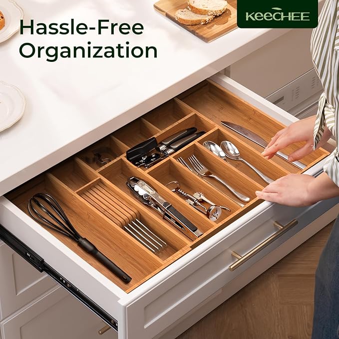 Carbonized Large Bamboo Kitchen Drawer Organizer