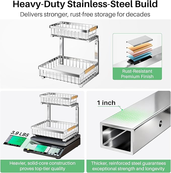 Under Sink Organizer, Stainless Steel 2 Packs 2 Tier Under Sink Organizers and Storage, Slide out Pull out Cabinet Shelf