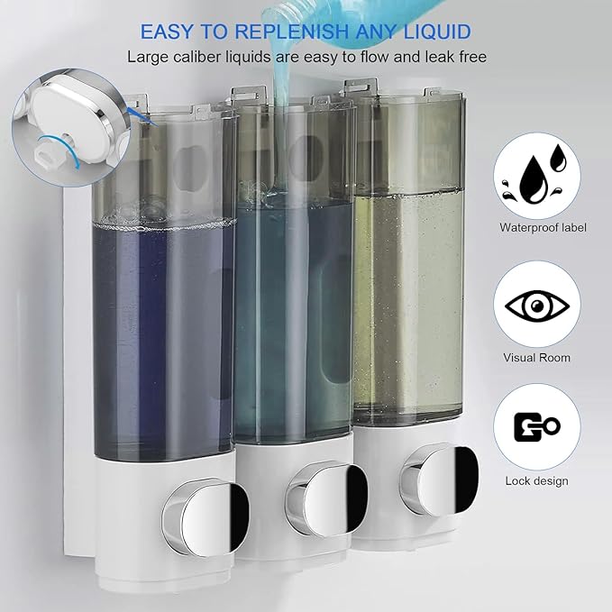 Shampoo and Conditioner Dispenser Shower Soap Dispenser Shampoo Dispenser Body Wash Dispenser for Bathroom,Large Capacity, White Silver