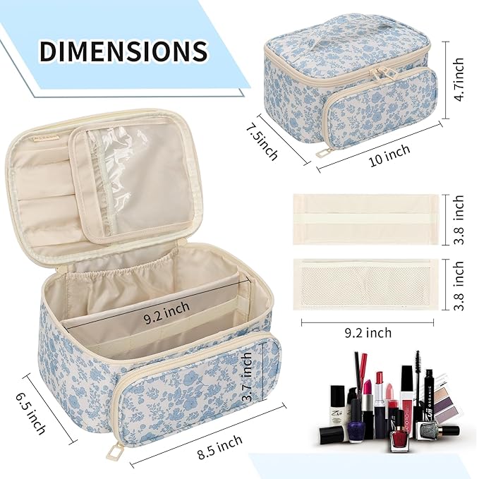 OCHEAL Makeup Bag, Multifunctional Make Up Bags Large Compact Makeup Bag Organizer Cosmetics Toiletry Brushes Storage Case for Women Girls Makeup Case with Handle Divider-Floar