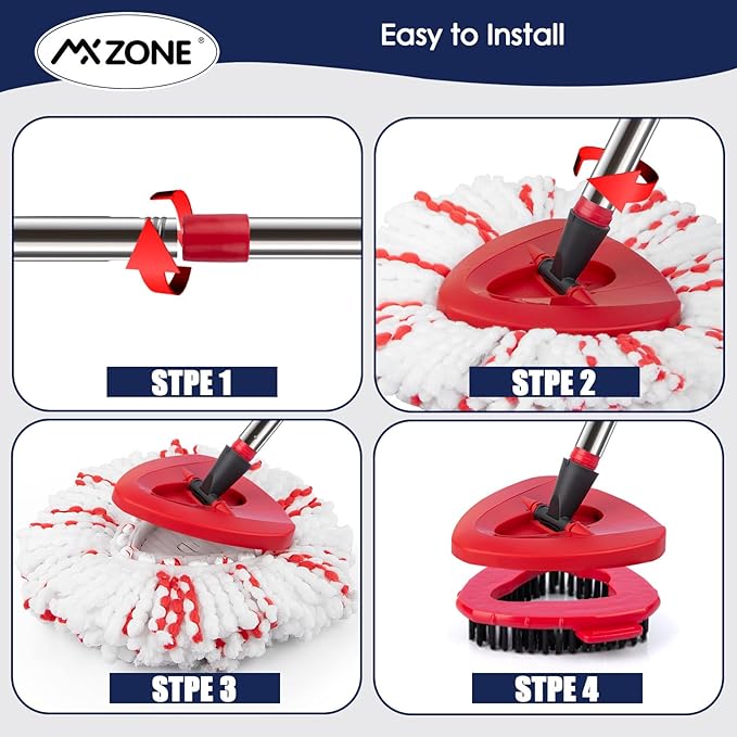 Spin Mop Head Replacement Base Handle Compatible with O Cedar EasyWring 1-Tank System, 3 Pack 40% More Cleaning Power Replace Heads, 1 Mop Handle, 1 Base and 1 Scrub Brush Combo Set