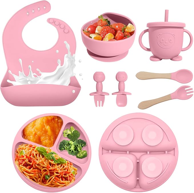 Baby Led Weaning Supplies, 8 Piece BPA-Free Silicone Feeding Set, Silicone Suction Bowl, Forks & Spoons, Bib & Cup, Develops Self Feeding Skills