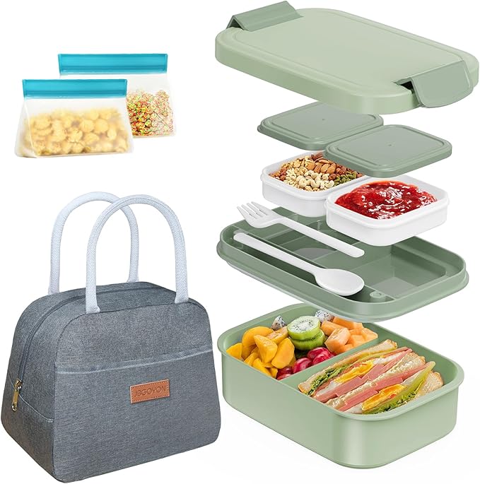 JBGOYON Bento Box and Lunch Bag Set, Leak-Proof Lunch Box for Adults and Kids with Built-in Utensils, Insulated for Work School Travel, Microwave & Dishwasher Safe, All-in-One (Light Green)