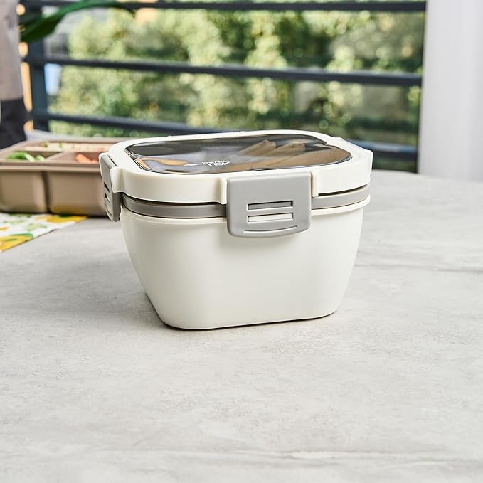 Restaurantware-Bento Tek 57.5 Ounce Bento Box, 1 Reusable Lunch Container - With Fork And Knife, Does Not Contain BPA, White And Gray Plastic Reusable Lunch Box, Microwavable, Dishwashable