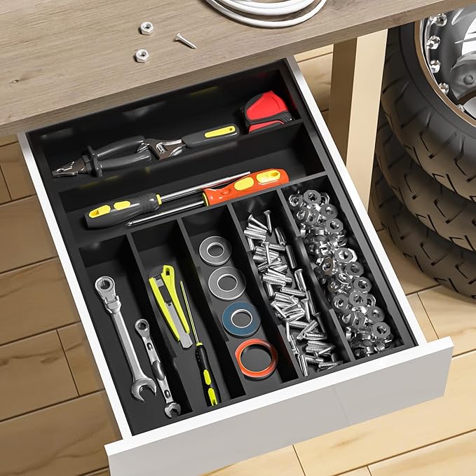Utensil Organizer Silverware Drawer Organizer - 7 Slots Bamboo Silverware Tray For Kitchen Cutlery Office Supplies Makeup Desk Storage Garage Tool Organization W13”x L17” (Black)