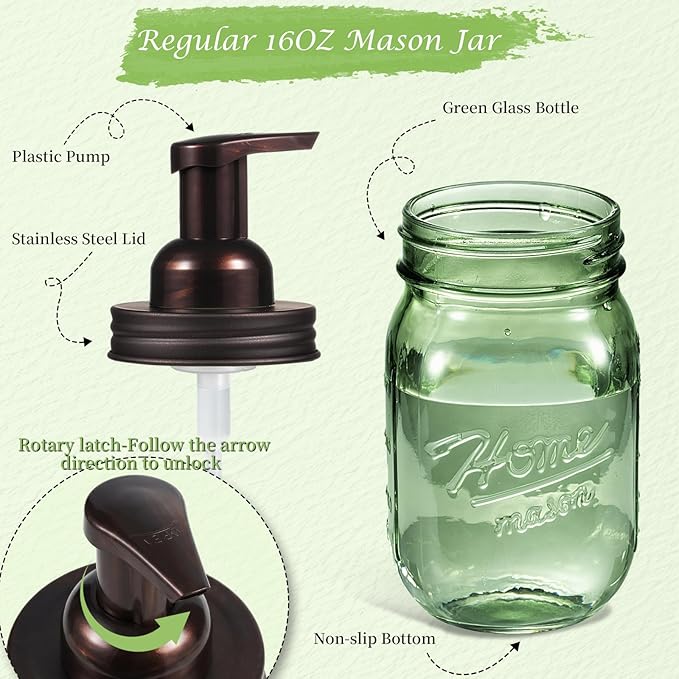 Amolliar Mason Jar Foaming Soap Dispenser, 16OZ Green Glass Hand Soap Dispenser, Plastic Pump & Stainless Steel Lid, Kitchen Dish Soap Bathroom Accessories, Farmhouse Soap Pump Bottle, Bronze 2 Pack