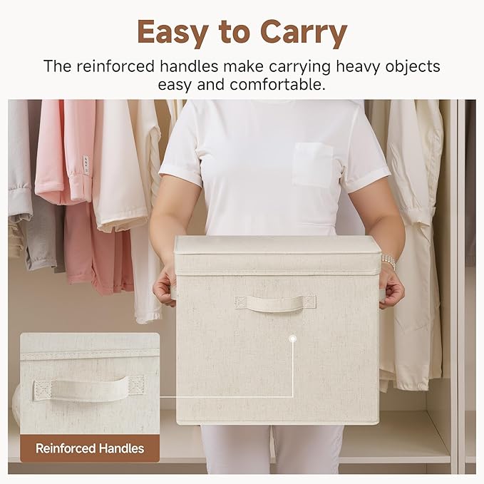 Fabric Storage Bins with Lids, Stackable Closet Storage Boxes with Handles