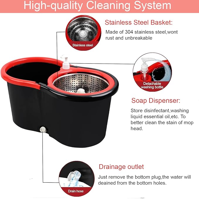 Spin Mop and Bucket with Wringer Set, 360° Spinning Mop Bucket System with 3 Microfiber Mop Replacement Heads Refills, 61" Stainless Steel Extended Handle for Floor Cleaning Home Office(20QT)